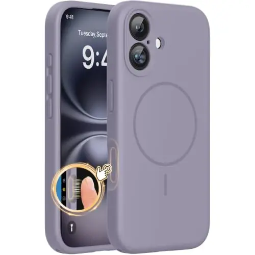 Miracase iPhone 16 Kılıfı ile Uyumlu, [Yumuşak Çizilmez Mikrofiber Astar], MagSafe Uyumlu, Sıvı Silikon Kılıf Darbeye Dayanıklı Düşme Korumalı Telefon Kılıfı 16 için, Lavanta Grisi 
