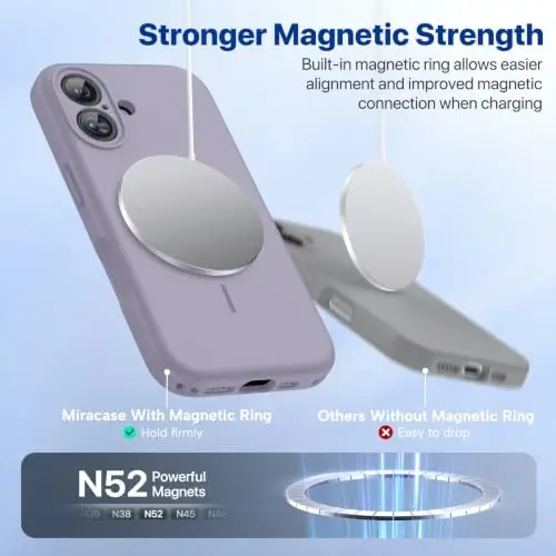 Miracase iPhone 16 Kılıfı ile Uyumlu, [Yumuşak Çizilmez Mikrofiber Astar], MagSafe Uyumlu, Sıvı Silikon Kılıf Darbeye Dayanıklı Düşme Korumalı Telefon Kılıfı 16 için, Lavanta Grisi - 3