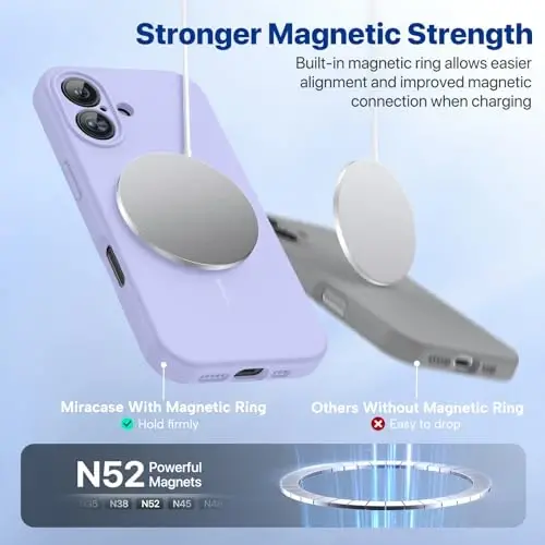 Miracase iPhone 16 Plus için Manyetik Kılıf, [Yumuşak Çizilmez Mikrofiber Astar], MagSafe için Manyetik, 16 Plus için Sıvı Silikon Darbeye Dayanıklı Düşme Korumalı Telefon Kılıfı, Açık Mor - 3