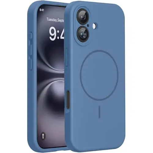 Miracase iPhone 16 Plus uchun magnitli g'ilof, [Yumshoq tirnalishga qarshi mikrofiber astar], MagSafe uchun magnitli, 16 Plus uchun suyuq silikon zarbaga chidamli himoya g'ilofi, Shisha moviy 