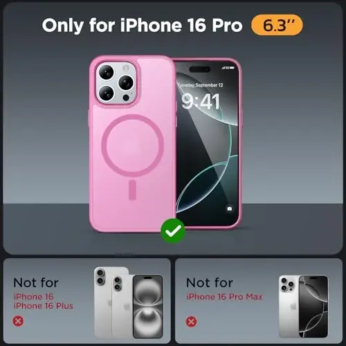 Miracase Magnetic Series for iPhone 16 Pro Case [Compatible with MagSafe] [with 2X Screen Protectors] Military-Grade Protection, Anti-Fingerprint, Slim Phone Case for 16 Pro 6.3 inch - Mes Pink - 2