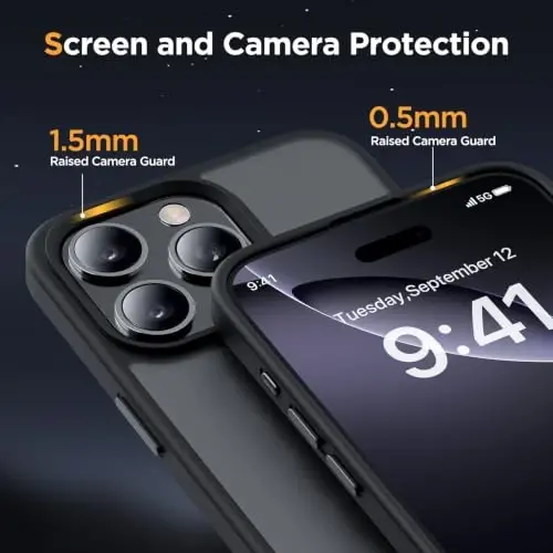 Miracase iPhone 16 Pro Mat Seriyali Gʻilof, Magnitli, Qora | Maxmalli Teginish | Harbiy Darajadagi Himoya | Barmoq Iziga Qarshi | 6.3 Dyuym - 5