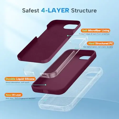 Miracase iPhone 16e bilan mos keladi, [Yumshoq tirnalishga qarshi mikrofiber astarli], Suyuq silikon gelli rezina zarbga chidamli tushishdan himoya qiluvchi iPhone 16e uchun telefon qutisi, to'q qizil vino - 4