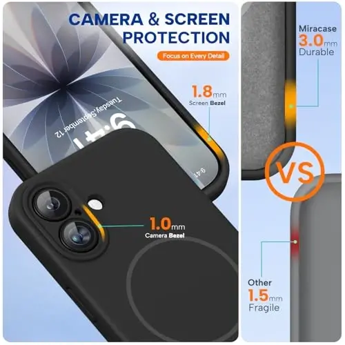 Miracase iPhone 17 için Manyetik Kılıf, MagSafe Uyumlu, Entegre Silikon Kamera Kontrol Kapağı, 3.0mm Kalınlaştırılmış Darbe Emici Düşmeye Karşı Korumalı Telefon Kılıfı, 17 için, Siyah - 3