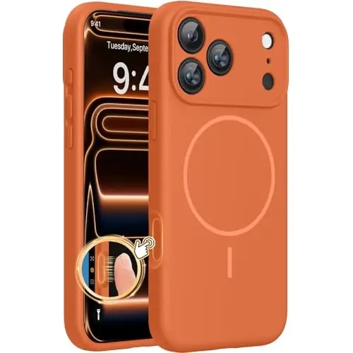 miracase Magnetic for iPhone 17 Pro Case, Compatible with MagSafe, Integrated Silicone Camera Control Cover, 3.0mm Thicken Shockproof Drop Protection Phone Case for 17 Pro,Orange 
