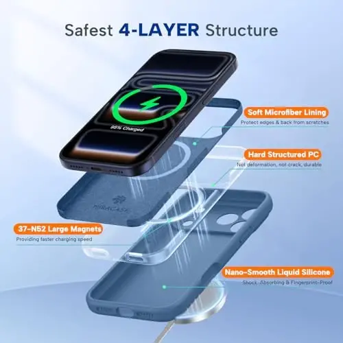 Miracase iPhone 17 Pro Max için Manyetik Kılıf, MagSafe ile Uyumlu, Entegre Silikon Kamera Kontrol Kapağı, 3,0 mm Kalınlığında Darbeye Dayanıklı Düşme Korumalı Telefon Kılıfı 17 ProMax için, Cam Mavi 