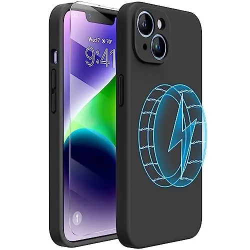 Miracase Magnetic Case Designed for iPhone 14 Case with Screen Protector,[Upgraded Enhanced Camera Protection],Shockproof Liquid Silicone Case 6.1 inch,Black-Magnetic 