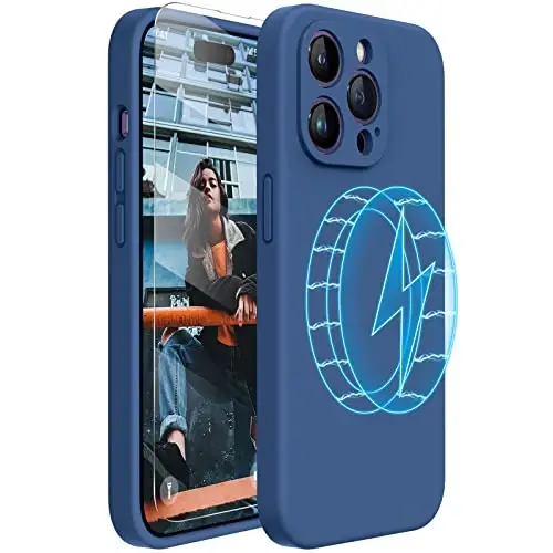 Miracase Magnetic Case Designed for iPhone 14 Pro Max Phone Case with Screen Protector,[Upgraded Enhanced Camera Protection],Shockproof Liquid Silicone Case 6.7 inch, Glass Blue Magnetic - 1