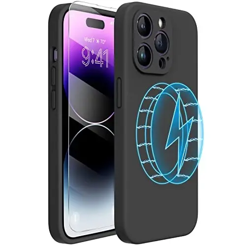 Miracase Magnetic Case iPhone 14 Pro Max uchun mo'ljallangan, ekran himoyachisi bilan, [Kamera himoyasi yaxshilangan], zarbga chidamli suyuq silikon g'ilof 6,7 dyuym, qora magnit 