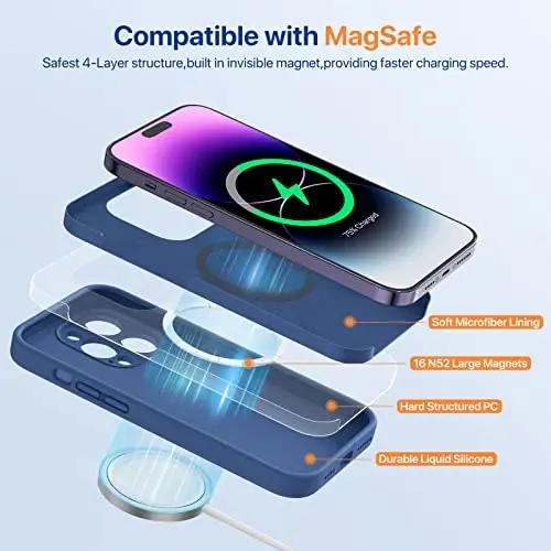 Miracase Magnetic Case iPhone 14 Pro Max uchun mo'ljallangan, ekran himoyachisi bilan telefon qutisi, [Yaxshilangan kamera himoyasi], zarbga chidamli suyuq silikon qutisi 6,7 dyuym, shisha ko'k magnit - 2