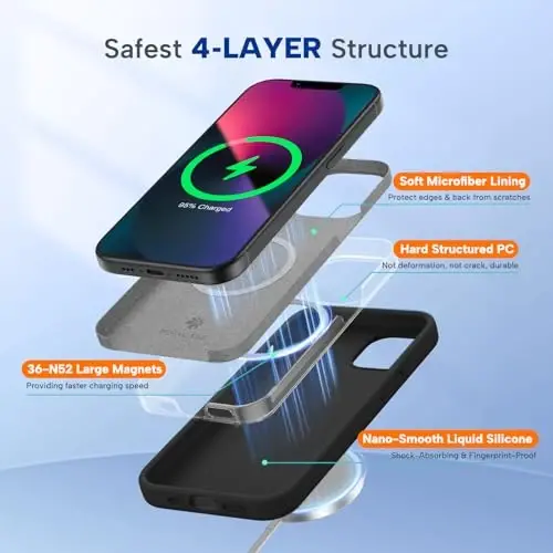 Miracase Magnetic для чехла iPhone 13, [Мягкая противоцарапающая подкладка из микрофибры], Совместимость с MagSafe, Жидкий силиконовый чехол Ударопрочный чехол для защиты от падений для 13, черный магнитный - 2