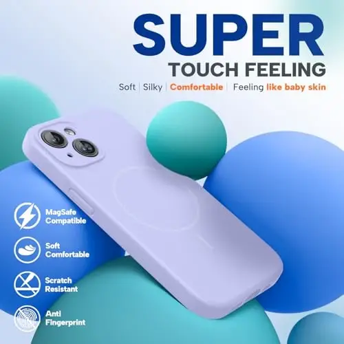 Miracase Magnetic для чехла iPhone 15 Plus, [мягкая подкладка из микрофибры, устойчивая к царапинам], магнитный для MagSafe, противоударный чехол из жидкого силикона для 15 Plus, светло-фиолетовый - 6