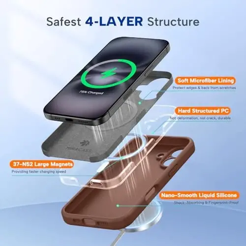 Miracase Magnetic для чехла iPhone 16 Plus, [мягкая подкладка из микрофибры, устойчивая к царапинам], магнитный для MagSafe, противоударный чехол из жидкого силикона для 16 Plus, шоколадный - 6