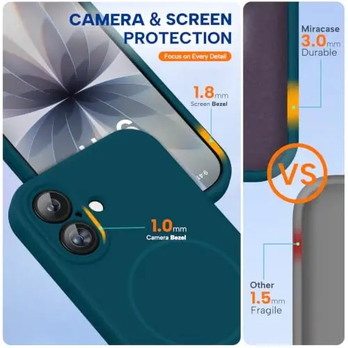 Miracase Magnetic для чехла iPhone 17, совместимый с MagSafe, встроенная силиконовая крышка управления камерой, противоударный чехол толщиной 3,0 мм для 17, бирюзовый - 3