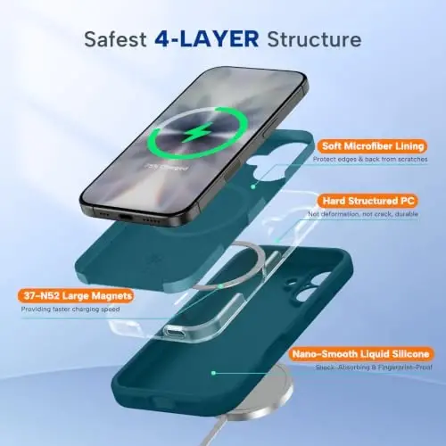 Miracase Magnetic для чехла iPhone 17, совместимый с MagSafe, встроенная силиконовая крышка управления камерой, противоударный чехол толщиной 3,0 мм для 17, бирюзовый - 4