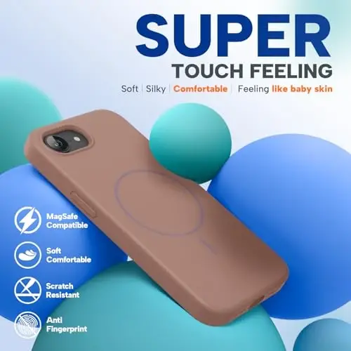 Miracase Magnetic для чехла iPhone 17e и iPhone 16e, [мягкая подкладка из микрофибры против царапин], совместимость с MagSafe, силиконовый противоударный защитный чехол для iPhone 17e/16e, шоколадный - 5