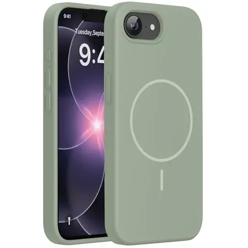 Miracase Magnetic для чехла iPhone 17e и iPhone 16e, [мягкая подкладка из микрофибры, устойчивая к царапинам], совместим с MagSafe, силиконовый противоударный чехол для защиты от падений для iPhone 17e/16e, цвет «Патина Грин» 