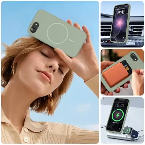 Miracase Magnetic для чехла iPhone 17e и iPhone 16e, [мягкая подкладка из микрофибры, устойчивая к царапинам], совместим с MagSafe, силиконовый противоударный чехол для защиты от падений для iPhone 17e/16e, цвет «Патина Грин» - 6