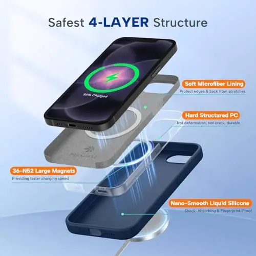 Miracase Magnetic для чехла iPhone 17e и iPhone 16e, [мягкая подкладка из микрофибры, устойчивая к царапинам], совместим с MagSafe, силиконовый противоударный защитный чехол для iPhone 17e/16e, темно-синий - 3