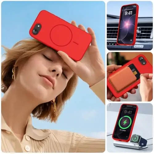 Miracase Magnetic для чехла iPhone 17e и iPhone 16e, [мягкая подкладка из микрофибры, защищающая от царапин], совместим с MagSafe, силиконовый ударопрочный защитный чехол для iPhone 17e/16e, красный - 5