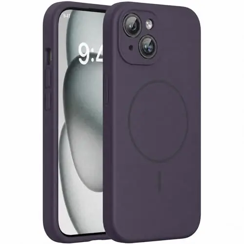 Miracase Magnetic для iPhone 15, [Мягкая подкладка из микрофибры, защищающая от царапин], Совместимо с MagSafe, Чехол из жидкого силикона, ударопрочный защитный чехол для телефона 15, темно-фиолетовый 