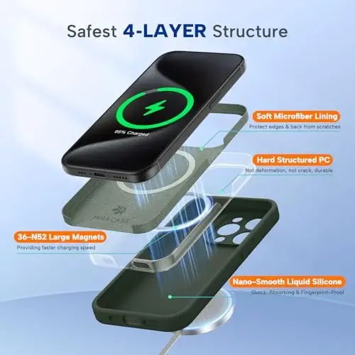 Miracase Magnetic для iPhone 15 Pro, [мягкая подкладка из микрофибры против царапин], магнитный для MagSafe, противоударный чехол из жидкого силикона для 15 Pro, темно-зеленый - 3