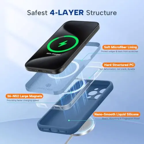 Miracase Magnetic для iPhone 15 Pro, [мягкая подкладка из микрофибры, защищающая от царапин], совместим с MagSafe, ударопрочный чехол для телефона из жидкого силикона с защитой от падений для 15 Pro, стеклянно-синий 