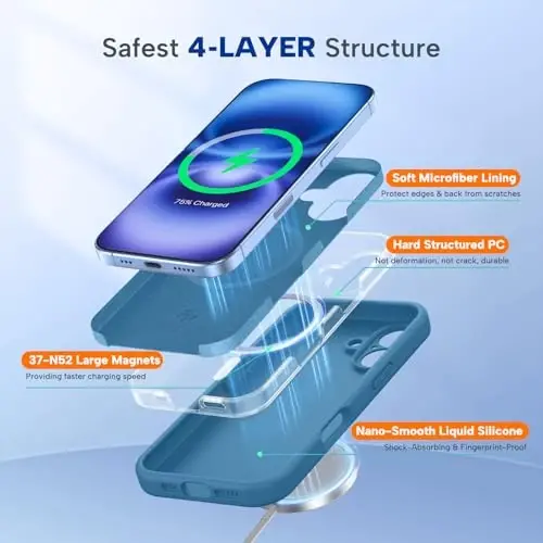 Miracase Magnetic для iPhone 16 Plus, [мягкая подкладка из микрофибры против царапин], магнитный для MagSafe, противоударный чехол из жидкого силикона для 16 Plus, цвет Capri Blue - 6