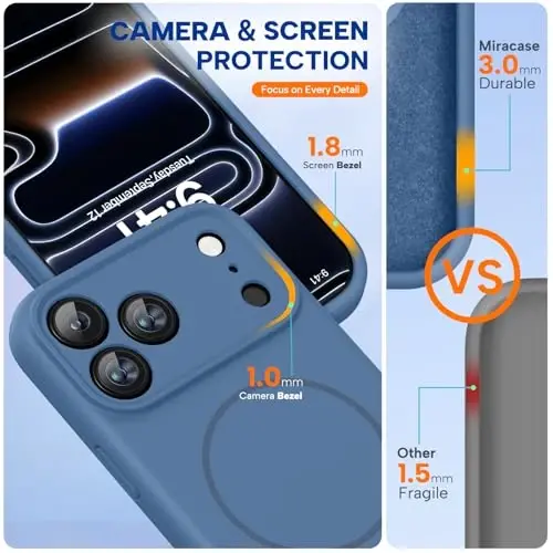 Miracase Magnetic для iPhone 17 Pro Max, совместимый с MagSafe, встроенная силиконовая крышка для камеры, утолщенный на 3.0 мм противоударный чехол для телефона для 17 ProMax, Glass Blue - 5