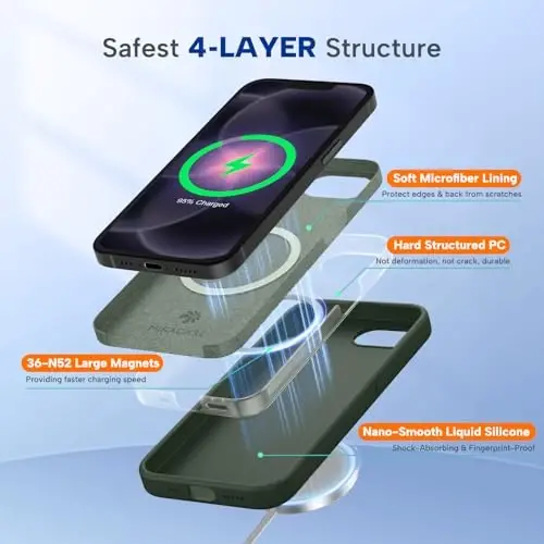 Miracase Magnetic для iPhone 17e и iPhone 16e, [мягкая подкладка из микрофибры против царапин], совместимость с MagSafe, противоударный силиконовый чехол для iPhone 17e/16e, темно-зеленый - 3