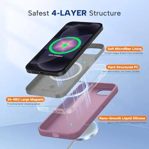 Miracase Magnetic для iPhone 17e и iPhone 16e, [Мягкая подкладка из микрофибры против царапин], Совместимость с MagSafe, Силиконовый ударопрочный чехол для iPhone 17e/16e, Черная смородина - 3