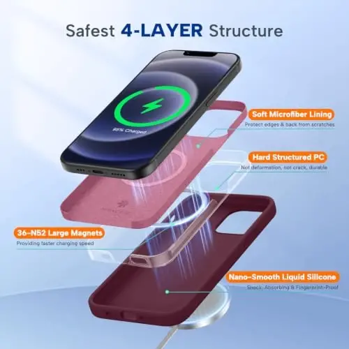miracase Magnetic for iPhone 12 Case/iPhone 12 Pro Case, [Soft Anti-Scratch Microfiber Lining], Compatible with MagSafe, Liquid Silicone Shockproof Drop Protection Phone Case for 12/12 Pro,Wine Red - 3