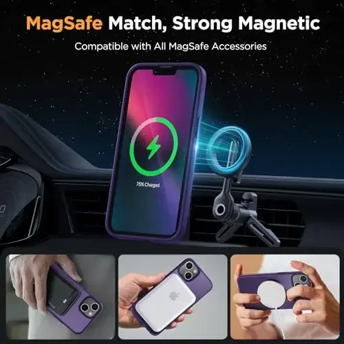 Miracase Magnetic for iPhone 13 Case 6.1 inch (Compatible with MagSafe)（with 2X Screen Protectors） Military-Grade Protection, Anti-Fingerprint Translucent Matte Phone Case Cover, Dark Purple - 3