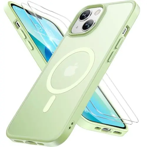 Miracase Magnetic for iPhone 13 Case 6.1 inch (MagSafe bilan mos) (2X ekran himoyachilari bilan) Harbiy darajadagi himoya, barmoq izlariga qarshi yarim shaffof mat telefon qopqog'i, och yashil 