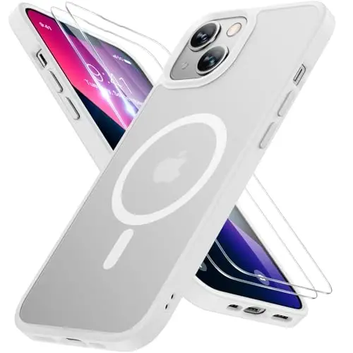 Miracase Magnetic for iPhone 13 Case 6.1 inch (MagSafe bilan mos) (2X ekran himoyachilari bilan) Harbiy darajadagi himoya, barmoq izlariga qarshi yarim shaffof mat telefon qopqog'i, oq 