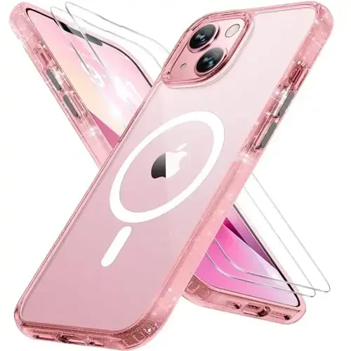 Miracase Magnetic for iPhone 13 Case 6.1 inch (MagSafe bilan mos) (2X ekran himoyachilari bilan) Harbiy darajadagi himoya, barmoq izlariga qarshi yarim shaffof matli telefon qopqog'i, yaltiroq pushti - MIRACASE