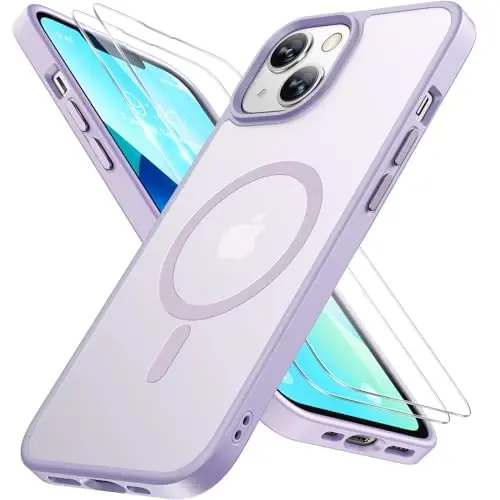 Miracase Magnetic for iPhone 13 Case 6.1 inch (MagSafe bilan mos) (2X ekran himoyachisi bilan) Harbiy darajadagi himoya, barmoq izlariga qarshi yarim shaffof matli telefon qopqog'i, och binafsha 