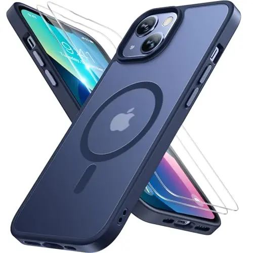 Miracase Magnetic for iPhone 13 Case 6.1 inch (MagSafe bilan mos) (2X ekran himoyachisi bilan) Harbiy darajadagi himoya, barmoq izlariga qarshi yarim shaffof matli telefon qopqog'i, to'q ko'k 