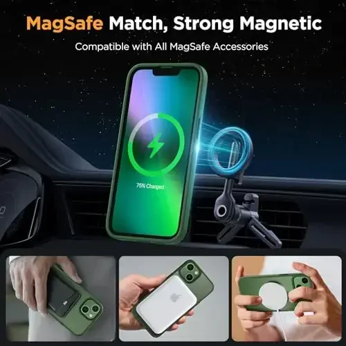 Miracase Magnetic for iPhone 13 Case 6.1 inch (MagSafe bilan mos) (2X ekran himoyachisi bilan) Harbiy darajadagi himoya, barmoq izlariga qarshi yarim shaffof matli telefon qopqog'i, to'q yashil - 3