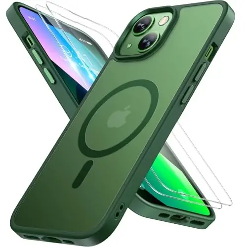 Miracase Magnetic for iPhone 13 Case 6.1 inch (MagSafe bilan mos) (2X ekran himoyachisi bilan) Harbiy darajadagi himoya, barmoq izlariga qarshi yarim shaffof matli telefon qopqog'i, to'q yashil 