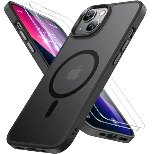 Miracase Magnetic for iPhone 13 Case 6.1 inch (MagSafe bilan mos) (2X ekran himoyachisi bilan) Harbiy darajadagi himoya, barmoq izlariga qarshi yarim shaffof matli telefon qutisi, qora 