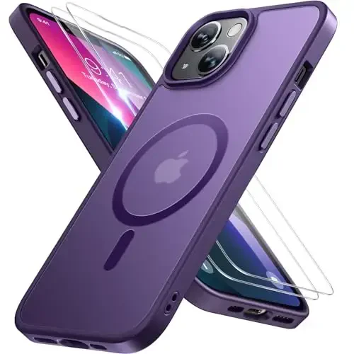 Miracase Magnetic for iPhone 13 Case 6.1 inch (MagSafe bilan mos keladi) (2X Ekran himoyachilari bilan) Harbiy darajadagi himoya, barmoq izlariga qarshi yarim shaffof mat telefon qopqog'i, to'q binafsha 