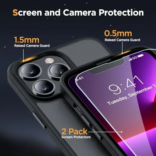 Miracase Magnetic for iPhone 13 Pro Case 6.1 inch (Compatible with MagSafe)(with 2X Screen Protectors) Military-Grade Protection, Anti-Fingerprint Translucent Matte Phone Case Cover, Black - 6