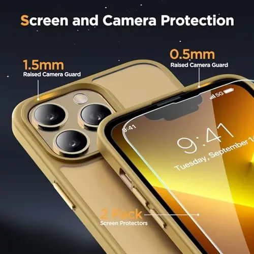 Miracase Magnetic for iPhone 13 Pro Case 6.1 inch (MagSafe bilan mos keladi) (2X ekran himoyachilari bilan) Harbiy darajadagi himoya, barmoq izlariga qarshi yarim shaffof matli telefon qopqog'i, och sariq - 6