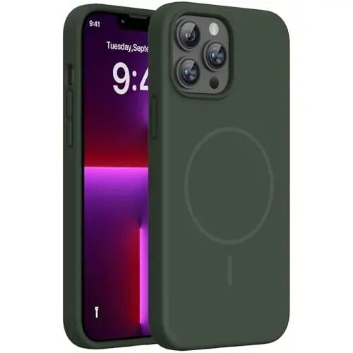 Miracase Magnetic for iPhone 13 Pro Case, [Soft Anti-Scratch Microfiber Lining], Compatible with MagSafe, Liquid Silicone Shockproof Drop Protection Phone Case for 13 Pro, Dark Green - MIRACASE