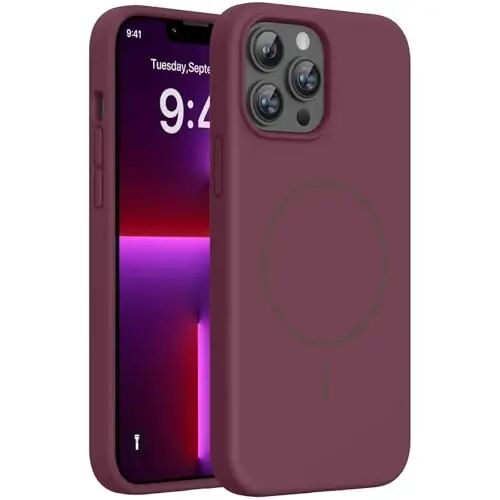 Miracase Magnetic for iPhone 13 Pro Case, [Soft Anti-Scratch Microfiber Lining], Compatible with MagSafe, Liquid Silicone Shockproof Drop Protection Phone Case for 13 Pro, Wine Red - MIRACASE