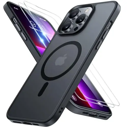 Miracase Magnetic for iPhone 13 Pro Max Case 6.7 inch (MagSafe bilan mos keladi) (2X ekran himoyachilari bilan) Harbiy darajadagi himoya, barmoq izlariga qarshi yarim shaffof matli telefon qopqog'i, qora 
