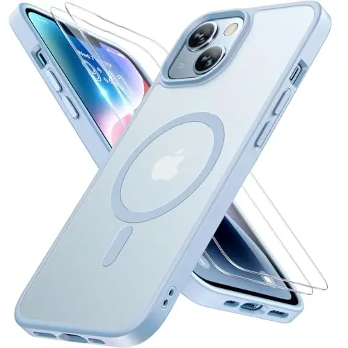 Miracase Magnetic for iPhone 14 Case 6.1 inch (MagSafe bilan mos) (2X Ekran himoyachilari bilan) Harbiy darajadagi himoya, barmoq izlariga qarshi yarim shaffof matli telefon qutisi qopqog'i, och ko'k 