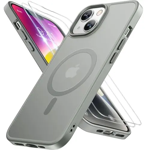 Miracase Magnetic for iPhone 14 Case 6.1 inch (MagSafe bilan mos) (2X ekran himoyachisi bilan) Harbiy darajadagi himoya, barmoq izlariga qarshi yarim shaffof mat telefon qopqog'i, kulrang 
