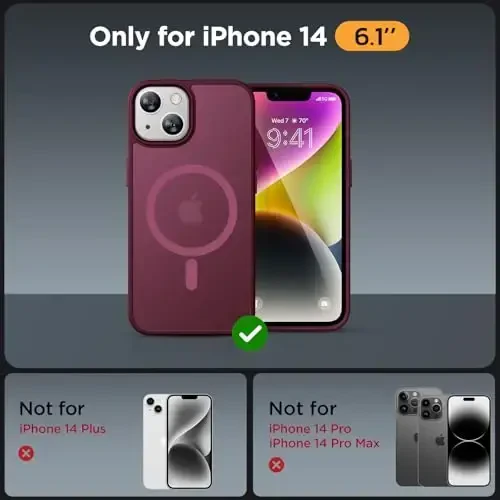 Miracase Magnetic for iPhone 14 Case 6.1 inch (MagSafe bilan mos keladi)（2X Ekran himoyachilari bilan） Harbiy darajadagi himoya, barmoq izlariga qarshi yarim shaffof matli telefon qutisi qopqog'i, vino qizil - 2